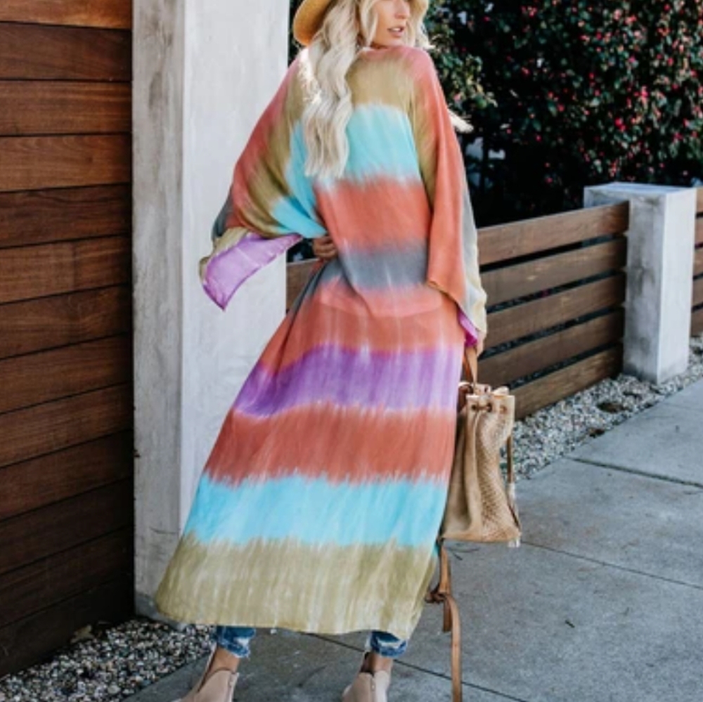 1 left! Rainbow Tie Dye Striped Long Flowy Kimono - Picture 6 of 7